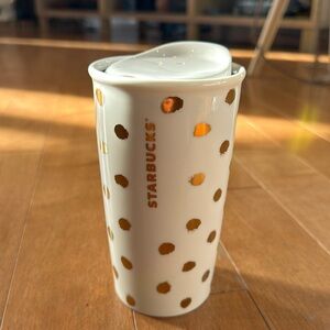 NWOT Starbucks Gold Polka Dot Ceramic Tumbler in 10oz
